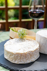French cheeses collection, pieces of camembert and Le Bleu cow milk blue cheese with white mold and glass of red wine, pairing food and drink