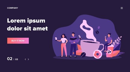 People at coffee break flat vector illustration. Tiny man and women relaxing, talking and drinking coffee. Communication and office experience concept