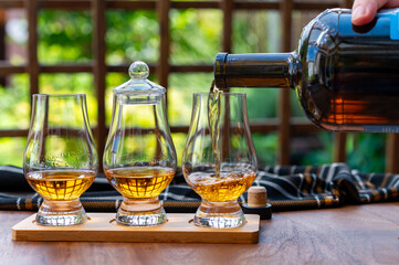 Fototapeta premium Tasting of Scotch whisky in traditional old British house with wooden windows