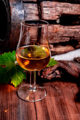 Tasting of aged french cognac brandy in old cellars of cognac-producing regions Champagne or Bois, France