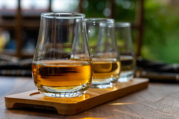 Tasting of Scotch whisky in traditional old British house with wooden windows