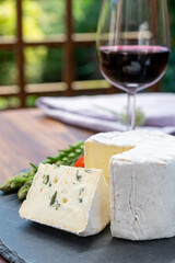 French cheeses collection, piece of Le Bleu cow milk soft blue cheese with white mold.