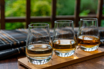 Tasting of Scotch whisky in traditional old British house with wooden windows