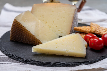 Spanish tapas, manchego cheese made from sheep milk and green olives