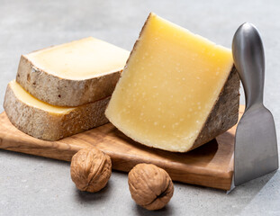French cheese Comte, three varieties 1 year matured Prestige, fruity flavoured Fruite and Vieille Reserve