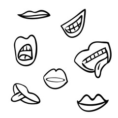 Set of cute cartoon lips, doodle vector drawing