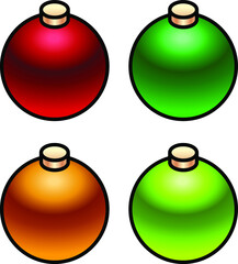 A set of 4 shiny christmas baubles. Reds and greens.