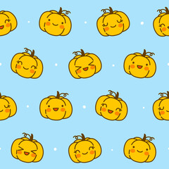 Obraz na płótnie Canvas Seamless pattern with cute pumpkins on blue - cartoon background for funny Halloween autumn textile or wrapping paper design