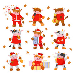 Set of cute bulls. The symbol of the New Year. Vector illustration in flat style. Isolated on white.