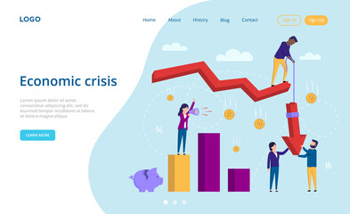 Fototapeta na wymiar Economic Crisis, Business And Finance Concept. Cartoon Characters Standing Near The Infographics Scale With Loudspeaker, Money Falling To The Ground. Man Pulls Arrow Up. Flat Style Vector Illustration
