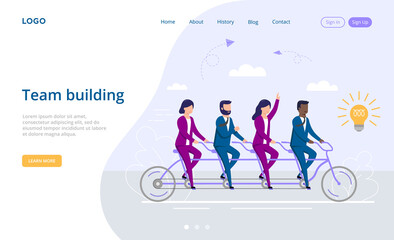 Partnership, Team Building And Teamwork Concept. Cartoon Male And Female Characters Riding A Tandem Bicycle Together On A Way To New Idea Shaped As Lightbulb. Colorful Flat Style Vector Illustration