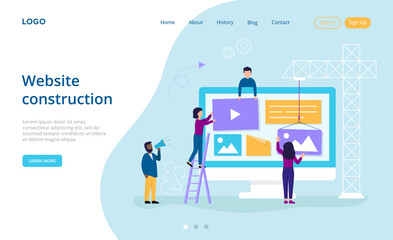 Information Technology, Website Construction, System Administration Concept. Group Of Characters Collaborate Filling Up The Web Site With Various Entertainment Content. Flat Style Vector Illustration