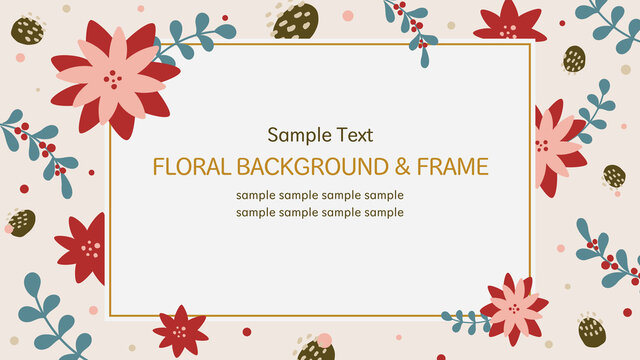 Horizontal rectangle banner design with winter floral background and frame. Can be used for greeting cards, flyer, photo frame, labels, and packages.	