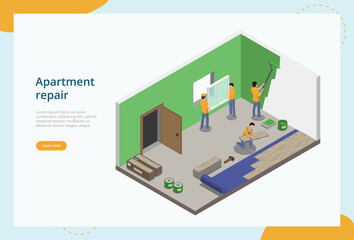 Apartment Repair And Maintenance Service Concept. Team Of Repairmen Making House Renovation Works. Builders Painting The Wall, Making The Window And Floor Repair. 3d Isometric Vector Illustration