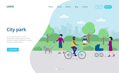 Relaxation, Town And City Park Nature Concept. Male And Female Characters Walking, Riding Bicycle At The Green Summer City Park With Trees, Bushes And Walkway. Colorful Flat Style Vector Illustration