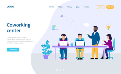 Business, Partnership, Cooperation, Coworking Center Concept. Meeting Of Freelancers At The Office. A Group Of People Work Using Laptop, Internet And Headset. Colorful Flat Style Vector Illustration