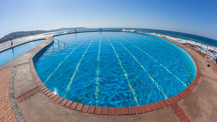 Swimming Pool Closeup Panoramic Beach Ocean Blue Sky Landscape