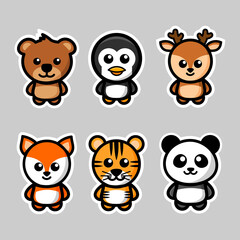 cute animals sticker mascot vector illustration. bear, penguin. deer, fox, tiger, panda, flat design.