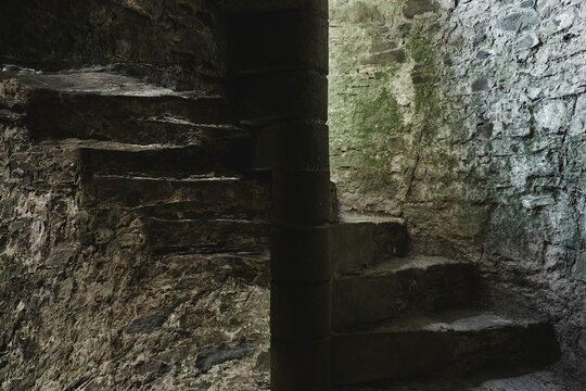 Staircase inside castle ruins. Wales, UK.