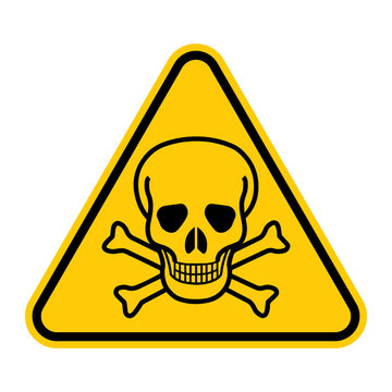 Poison caution icon vector design template isolated on background. Toxic hazards traffic sign. Illustration of yellow triangle warning sign with skull and crossbones inside. Attention. Danger zone.