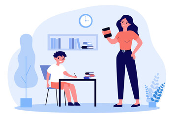 Mom helping son to do school home task. Boy writing at desk, woman holding book flat vector illustration. Education, knowledge, studying concept for banner, website design or landing web page