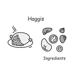Haggis icon. Scottish specialty sheep liver pudding and neeps dish plate and ingredients linear pictogram. Concept of European food traditions and recipes. Editable stroke vector illustration