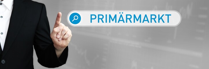 Primärmarkt. Mann zeigt mit Finger auf Suchfeld im Internet-Browser. Wort/Text (blau) in der Suche.