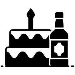 
Party cake with a candle on it and beer bottle, design of event service 
