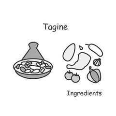 Tagine icon. Arabian tajine pot cooked meat and vegetables dish linear pictogram. Concept of traditional middle eastern stew recipe and ingredients. Editable stroke vector family dinner illustration