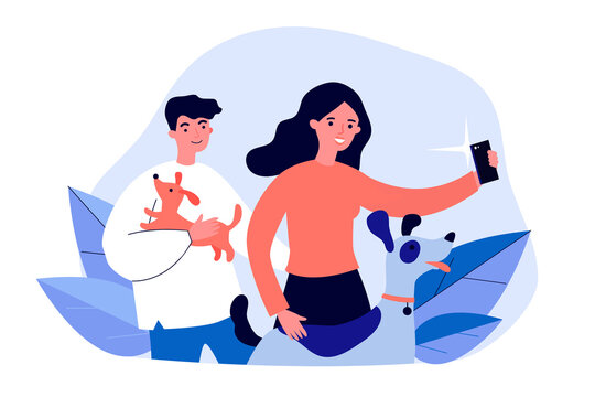 Happy dog lovers taking selfie. Men and woman holding pets in arms and posing for phone camera flat vector illustration. Animal care, photography concept for banner, website design or landing web page