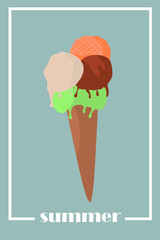 Vector de cartel moderno azul de verano para banner, invitaciones, portadas, redes sociales. Ilustración de helado de bola/cremoso. Helado con barquillo. 