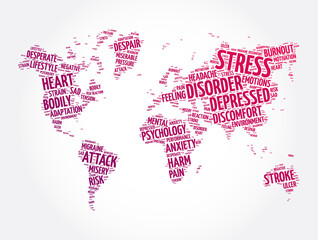 Fototapeta na wymiar Stress word cloud in shape of world map, health concept background