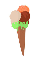 Vector de helado con tres bolas de helado en cubiertos de oblea. Helado cremoso aislado.