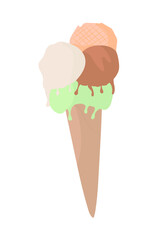 Ilustración de helado con tres bolas de helado en cubiertos de oblea. Helado cremoso aislado.