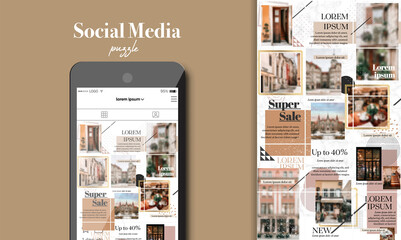 Social Media Puzzle Template Pack for creature your unique content. Mockup for personal blog. Modern ultra endless design banner, screen. app editorial service. Endless square puzzle for promotion.