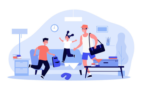 Happy Dad And Kids Packing For Holiday Trip. Backpacks, Suitcases, Messy At Home Flat Vector Illustration. Family Vacation, Travel Concept For Banner, Website Design Or Landing Web Page