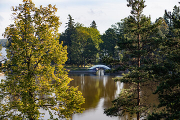Fototapeta na wymiar Autumn landscape with lakes and white bridge