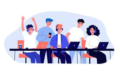 Professional gamers in headsets playing online games. Support group, championship, tournament flat vector illustration. Cybersport, esport concept for banner, website design or landing web page