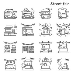Street fair icons set. Food trucks, circus festival tents and farmer market stands line pictograms. Concept of holidays activity and local entertainment events. Editable stroke vector illustrations