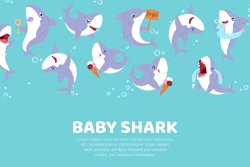 Inscription baby shark, cute banner, nature ocean, sea water poster with predatory fish, design cartoon style vector illustration. Colorful funny fishes, fun kids set, aquatic dangerous wildlife.