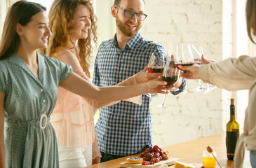 Vibes. People clinking glasses with wine or champagne. Happy cheerful friends celebrate holidays, meeting. Close up shot of smiling friends, lifestyle. Party at home or in restaurant, cafe.