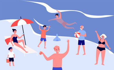 Tourists relaxing on beach. People swimming in sea, playing ball, drinking cocktail flat vector illustration. Vacation, summer, outdoor activity concept for banner, website design or landing web page