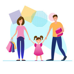Family mom, dad, daughter go shopping. Happy people with pockets from the store.
