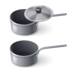 Two Steel Saucepans with Lid. Illustration on a White Backdrop