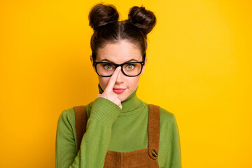 Closeup photo of attractive lady two funny buns intelligent clever student fix eyeglasses geek nerd...