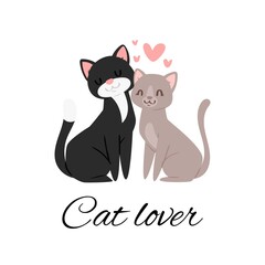 Cat lover lettering vector illustration. Cartoon flat cute happy cats sitting together with pink loving hearts, little pets on romantic dating, Valentine day celebration design isolated on white