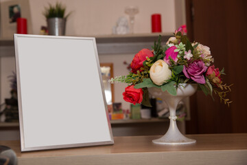 menu in a restaurant and cafe near a bouquet of flowers
