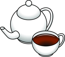 A white ceramic teapot and teacup with black tea.