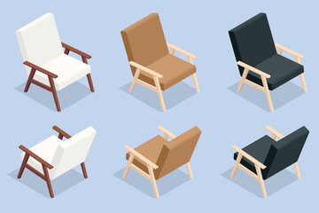 Isometric set of icons wooden comfortable armchair in white, brown and black colors.