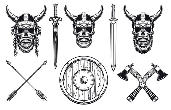 Viking skulls set. Medieval warrior heads in horns helmets with swords and axes. Vector illustrations collection for role play, demon or evil concept, tattoo template